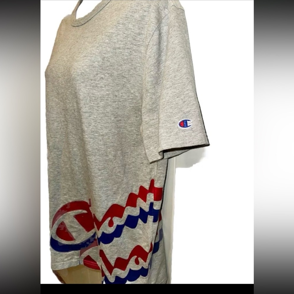 VTG Champion All Over Print AOP T-shirt Wrap-around Logo Sz Large Grey